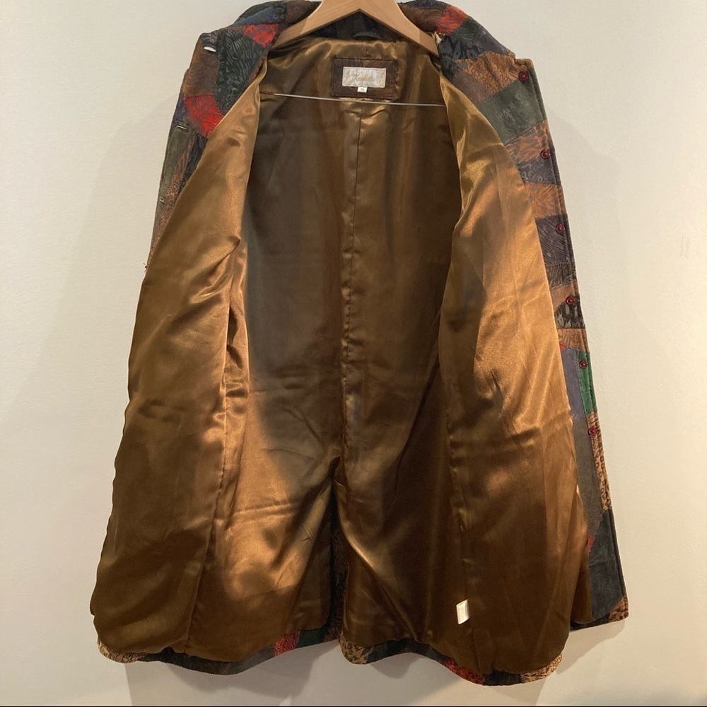 KROSHETTA Sz M Leather Patchwork Knee Length Colourful Lined Coat with Pockets - Picture 8 of 11